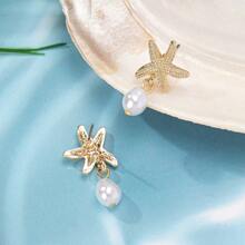 1 Pair Fashion European & American Style Starfish & Faux Pearl Beach Themed Metallic Tassel Women Earrings, Suitable For Beach Travel & Holiday Wear
