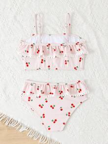 2pcs/Set Young Girl' Outdoor Sports & Swimming Cherry Print Outfit, Spring/Summer - Baby Pink - View 2