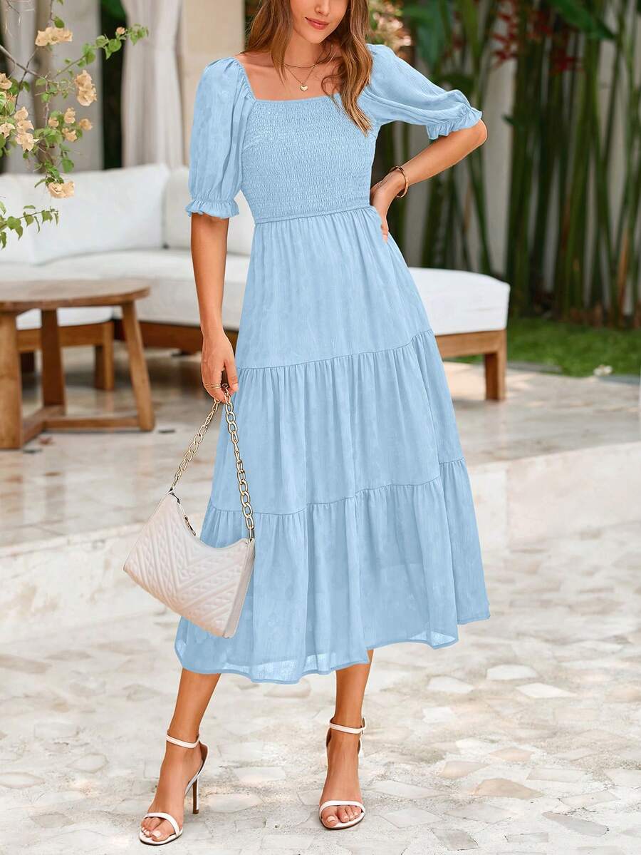 Women's Summer Casual Mid-Length Dress Square Collar Puffed Sleeve Ruffles A-Line Flower Elegant Bohemian Style Dress - 淺藍色 - 查看 1
