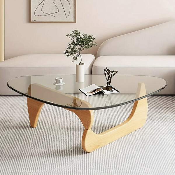 Living Room Coffee Table - A Triangular Glass Coffee Table With A Wooden Base. Abstract Dining Table, Study Room, Office, Hotel Balcony (Walnut TransparentWoodBlack Tea Table), Versatile And Comfortable