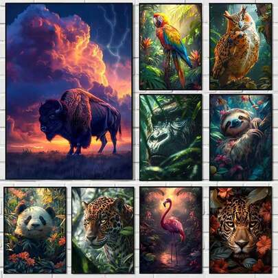1pc Wall Arts Posters Optional Frame Fantasy Animal Tiger Leopard Parrot Prints Poster Flower Canvas Painting Modern Wall Art Picture Living Room Bedroom Home Decor Animals