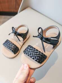 1 Pair Solid Color Bow Decor Simple Flat Shoes, Fashionable For Girls - Black - View 5