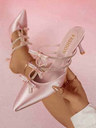 蝴蝶结水钻一脚蹬穆勒鞋，尖头缎面高跟凉鞋，甜美仙女风格夏季新品