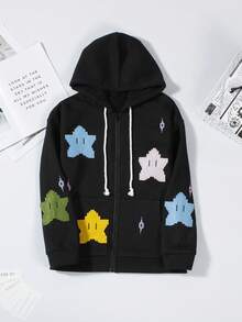 هودي فضفاض للشارع، كم طويل مطبوع، سحاب وسحاب للسيدات، طراز Y2K