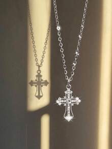 1pc Simple Rhinestone & Faux Pearl Inlaid Cross Pendant Stainless Steel Chain Necklace For Women And Men, Daily Wear - Gold - View 5