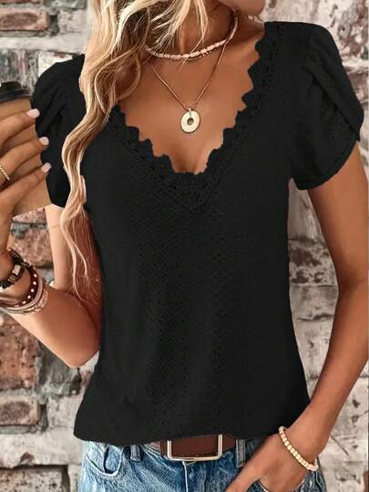 Women's Solid Color Lace Panel V-Neck Floral Petal Short Sleeve Casual Blouse