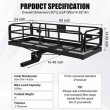 Portaequipajes plegable para enganche, Portaequipajes para enganche de remolque de 60" X 24" X 14", Portaequipajes para enganche, Capacidad de carga de 500 LBS, Portaequipajes que se ajusta a receptores de 2" para autocaravanas, camiones, SUV y furgonetas - Negro - Ver 4