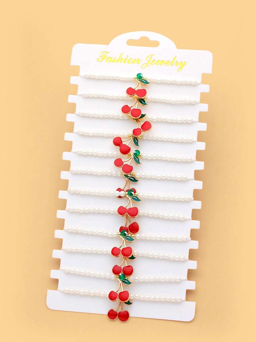 LORRILIA 12 件装可爱水果樱桃 Cheerios ABS 仿珍珠手链饰品幸运手链家庭共享装女孩礼物 - 彩色 - 查看 1