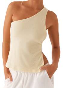 Off One Shoulder Tank Tops For Women Solid Stylish Side Tie Design Summer T-Shirt - 淺黃色 - 查看 1