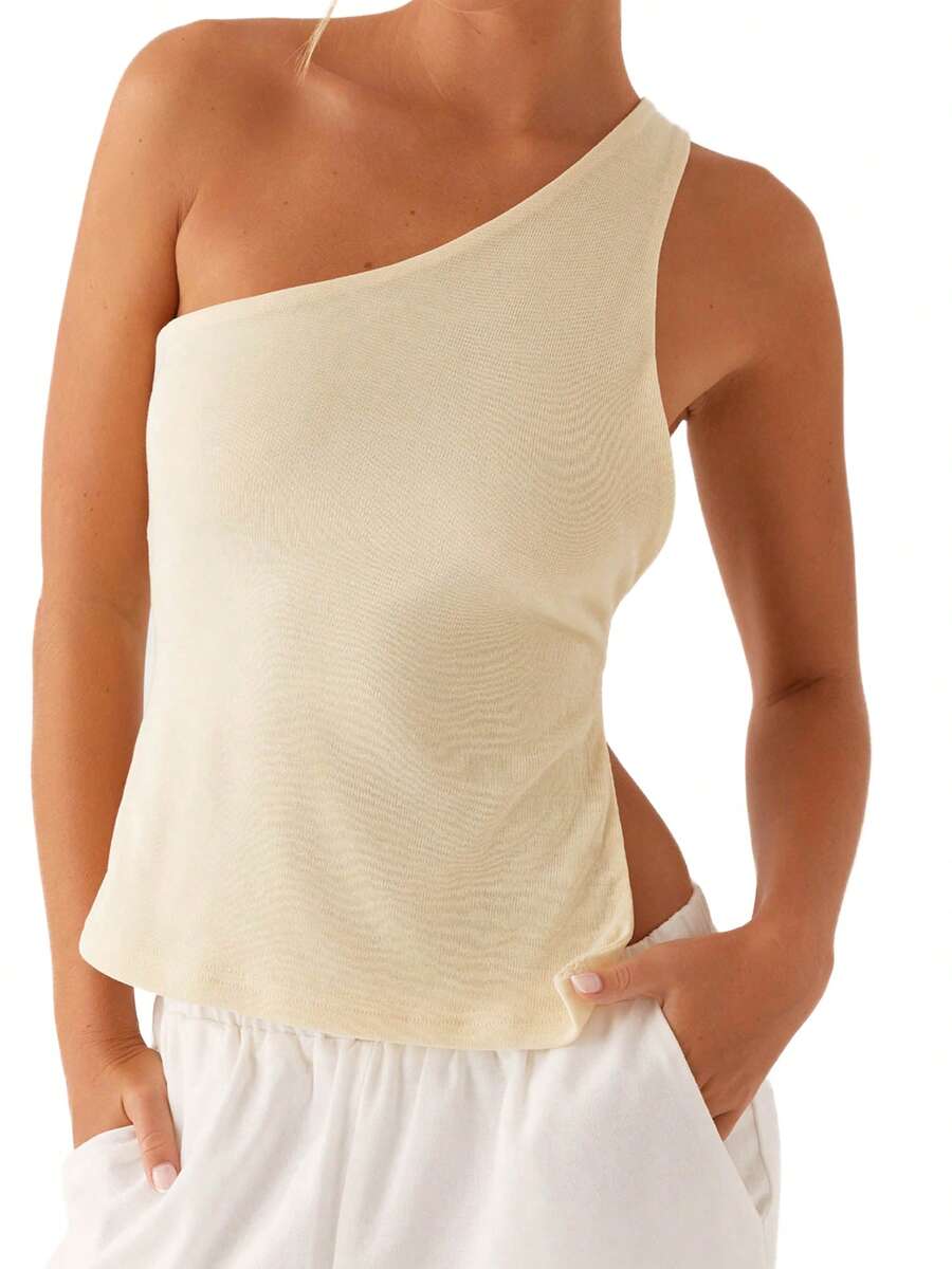 Off One Shoulder Tank Tops For Women Solid Stylish Side Tie Design Summer T-Shirt - 淺黃色 - 查看 1