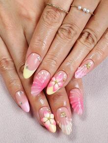 10pcs Handmade Nail Stickers, Almond Shell Design, Summer Style, 3D Shell Flower Decor, Resin Crafted, Elegant Handmade Glossy Full Coverage False Nails, Suitable For Women/Girls Daily Wear Or Date/Vacation Manicure Accessories - Multicolor - View 5