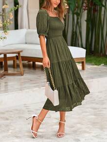 Women's Summer Casual Mid-Length Dress Square Collar Puffed Sleeve Ruffles A-Line Flower Elegant Bohemian Style Dress - xanh quân đội - Xem 3