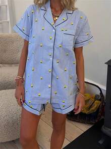 Women Bear/Lemon Striped Pajama Sets Lapel Neck Short Sleeve Button-Up Tops Elastic Waist Shorts Pjs Sets Sleepwear Loungwear - Màu xanh lam - Xem 1