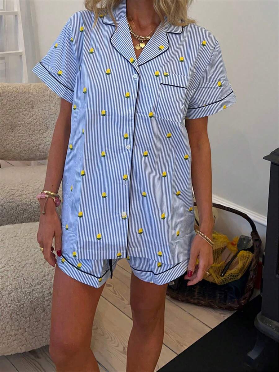 Women Bear/Lemon Striped Pajama Sets Lapel Neck Short Sleeve Button-Up Tops Elastic Waist Shorts Pjs Sets Sleepwear Loungwear - Màu xanh lam - Xem 1