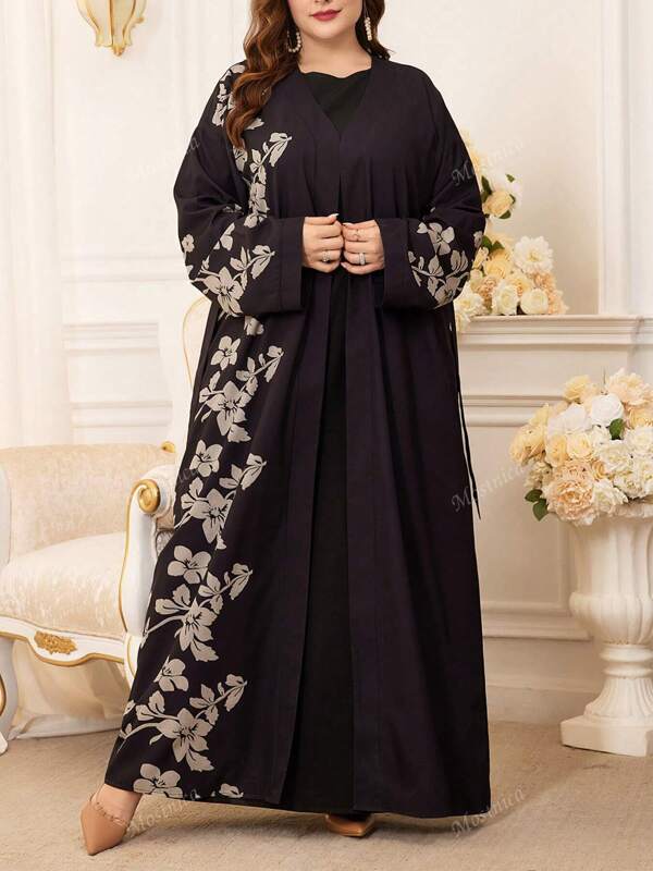 Plus Size Floral Print Bell Sleeve Arabian Robe With Belt,Modest