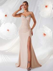 ADYCE Women's Elegant V-Neck Rhinestone Pearl Decor High Waist Slit Backless Maxi Party Dress, Suitable For Ball, Birthday Party, Formal Dinner, Date, Homecoming, Wedding Guest, Formal Gala, Family Gathering And Other Occasions - Apricot - View 5