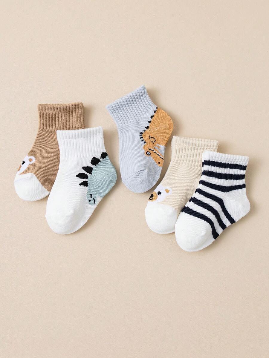 5 paia di calzini carini per bambini con motivi di orsetti e dinosauri, morbidi, confortevoli ed elastici, per bambini maschi - Multicolore - Visualizzare 1