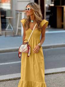 Vestido largo elegante con mangas de vuelo de diseño amplio, de unicolor, cómodo y casual, para vacaciones y días festivos para mujeres