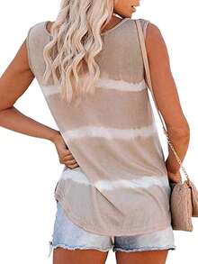 Womens Striped Tank Tops V Neck Loose Fit Sleeveless Summer Tie Dye Tops Casual Basic Shirts Flowy Casual Outfits Dressy Blouses Shirts - 卡其色 - 查看 2