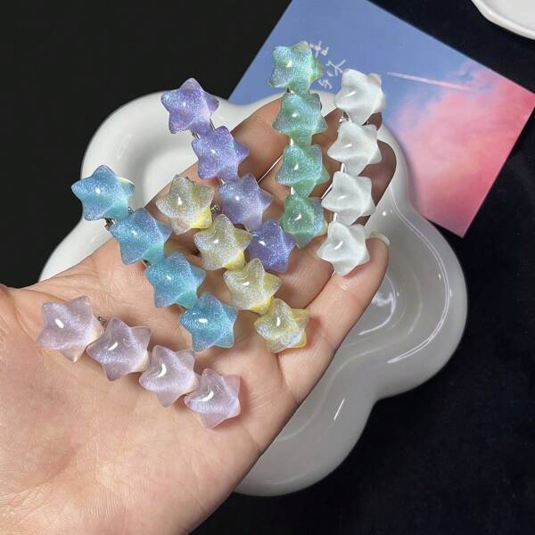 100pcs-Starry Sky Flowing Light Fantasy Color Flash Pink Fat Five-Pointed Star Ice Transparent Cute Sweet Crushed Bangs Hairpin DIY Resin Sticker Decorative Diamond, Used For Decoration, Handmade Material Accessories