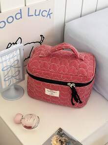 1 件绗缝爱心网格大容量女孩化妆包带手柄，方便携带，女士旅行化妆包，化妆品，护肤品，洗漱用品收纳包 - 彩色 - 查看 12