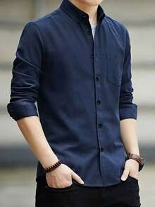男士纯蓝色长袖休闲衬衫，优雅简约的商务风格，适合秋季