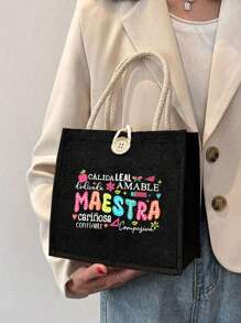 Bolso de mano de lino con estampado de agradecimiento al maestro, monedero de lino negro, bolsa de compras negra con texto "Maestra", regalo de aprecio al maestro, bolso de mujer de lino de gran capacidad. Diseño innovador, bolso de almacenamiento casual portátil de gran capacidad