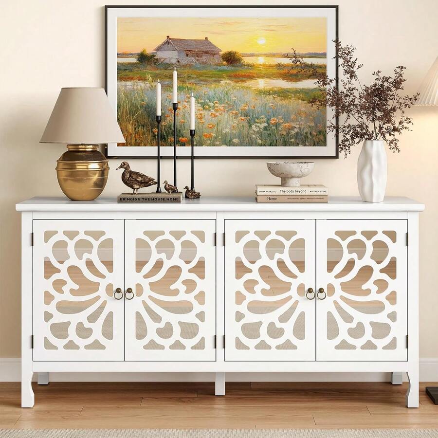 Buffet Cabinet With Mirror Butterfly Carved Door, 63'' Sideboard Cabinet With Adjustable Shelves, Modern Accent Credenza Media Console For Entryway, Living Room, Kitchen, Satin White - 緞白 - 查看 1