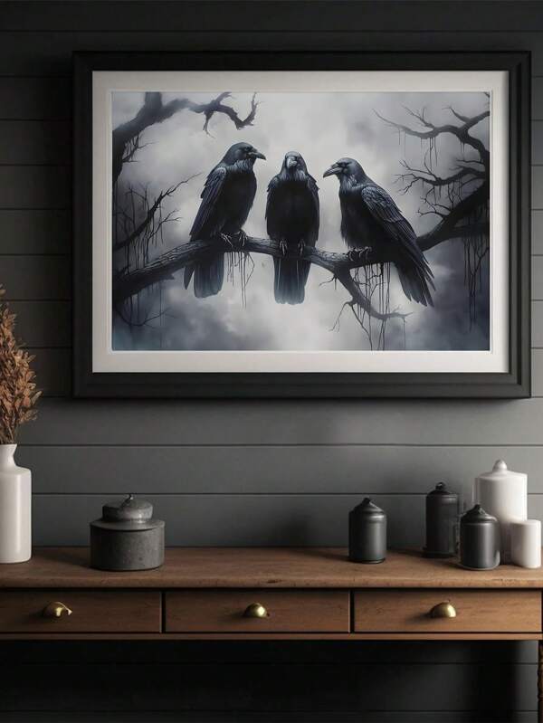 1pc Modern Crow, Crow Standing On A Branch, Gothic Animal Exquisite Art Oil Painting Poster, Bedroom Wall Art, Living Room Wall Decor, Dining Room Wall Decoration, Kitchen Decorative, Study Room, Corridor, Dormitory Decoration, Ideal Gift For Friends, Wall Arts, Wall Decoration, Home Decoration, Room Decoration Canvas Painting, Posters, Optional Frame ﻿