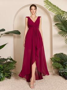 Asymmetrical Ruched Chiffon Elegant Bridesmaid Dress - Red Violet - View 3