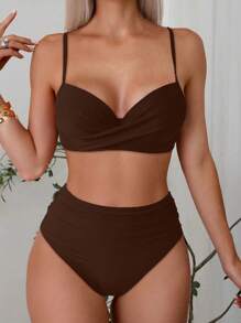 طقم بكيني جديد بحمالات متقاطعة وكأس من الفولاذ منفصل، بلون أزرق بسيط، طراز أوروبي وأمريكي للسيدات