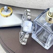 Neue Damen Uhr mit eingearbeiteten Zirkonia, elegantes quadratisches Zifferblatt, Legierung Quarzwerk, Mode Armband aus Stahl mit Strass, Damen Armbanduhr
