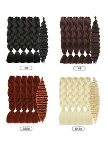 5+1Combination Packaging 1pc 22inch Natural Long Deep Wave Hair Curly Synthetic Hair Extension And 24 Inch Pack Of 5 High Temperature Synthetic Hair Braided Hair Extensions Woven Hair Extensions Professional Synthetic Fiber Crochet Black Brown Rusty Brown Blonde Multicolour Braids For Women Cosplay Braided Wear Soft Yaki Texture - Multicolor - View 2