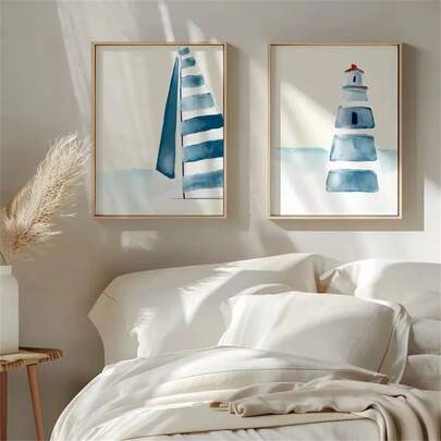 1 pieza/2 piezas Impresiones de arte de pared con estilo acuarela azul, diseño moderno de barco de vela, faro y playa de verano, pinturas de estampado para decoración de sala de estar, dormitorio, oficina, dormitorio, marco incluido o sin marco