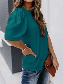 Women's Solid Short Sleeve Blouse Summer Crew Neck Casual Tops Fashion Puffed Sleeve Shirt