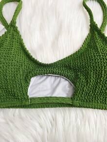 新款欧美性感女士比基尼，镂空纯色高腰两件套泳衣，带衬垫胸罩 - 墨綠色 - 查看 4