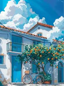 1pc Modern Scooter Landscape Posters Summer Italian Scooter In Front Of Coffee Prints Canvas Painting Wall Pictures Home Room Decor, Wall Art With Frame