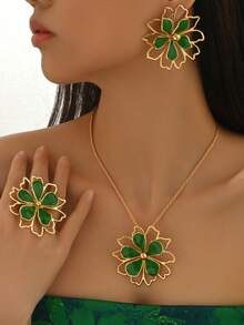 1套4件套优雅可爱的几何镂空珐琅彩色花朵吊坠项链、戒指、耳环首饰套装，适合女士佩戴。精致的花卉森系风格，百搭，适合日常佩戴和派对。