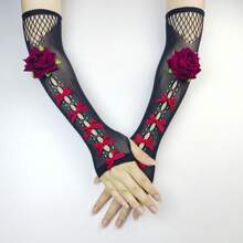 Gotische dunkelrote Spitzen-Fingerlose Handschuhe in mittlerer Länge, schwarze elastische atmungsaktive Netzhandschuhe für Partys
