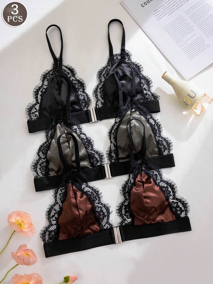 3pcs/Set Women Solid Color Lace Trim Front Closure Comfy Lingerie