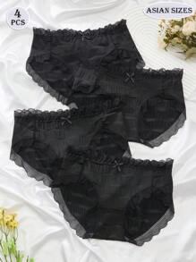 4PCS Women's Briefs, Seersucker Style, Comfortable, Soft, Sexy, Bow Design, Lace, Wavy Lace, Cute, Sweet Black Shorts, Bottom, Crotch, Lingerie, Summer Vacation