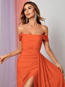Faeriesty Elegant Satin Off-Shoulder Evening Gown With High-Slit Hem | Perfect For Bridesmaids, Evening Parties, Luxury Weddings, Galas, Or Red Carpet Appearances Bridesmaid Dress