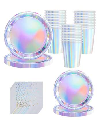 10pcs Iridescent Party Supplies Decorations,Holographic Paper Plate And Napkin Set, Disposable Rainbow Paper Party Plate Mermaid Birthday Wedding Party Supplies Decoration