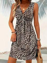 Chic Leopard Print Sleeveless Midi Dress, V-Neck Knotted Dress