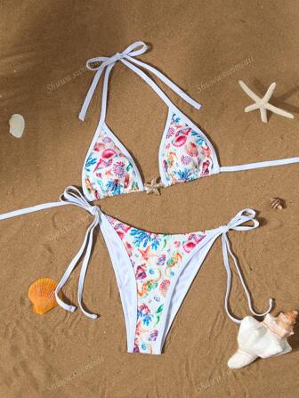 Traje de baño de estilo bohemio con diseños de hojas, flores, botánica y conchas marinas, para usar en la playa, con espalda descubierta y nudo en la parte delantera, para mujer, ideal para el verano