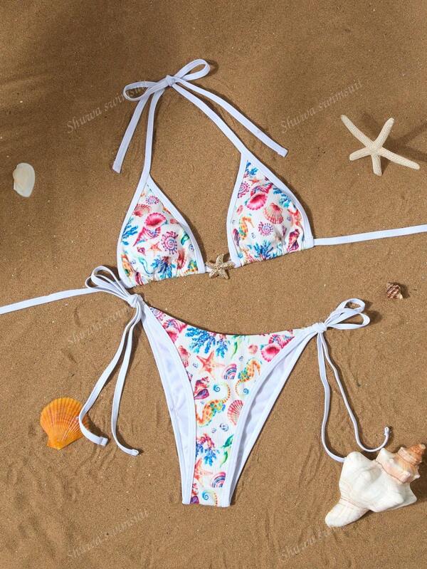 Traje de baño de estilo bohemio con diseños de hojas, flores, botánica y conchas marinas, para usar en la playa, con espalda descubierta y nudo en la parte delantera, para mujer, ideal para el verano