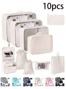 10-1pc Travel Packaging Cube, Waterproof Portable Luggage Organizing Bag, Clothing Storage Bag, Including Clothing Bag, Inner Garment Bag, Shoe Bag, Digital Product Storage Bag, Drawstring Bag, Breathable Net Bag, Toileter Bag, Jewelry Bag, Skin Care Bag, Luggage Storage Bag, Large-Capacity Makeup Organizer Makeup Box, Suitable For Travel, Dormitory, School, Beach