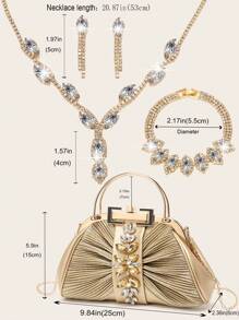 Conjunto de joyería de lujo con rhinestones para dama - Incluye collar, aretes, pulsera - Elegante bolso de mano de PU dorado con detalles de rhinestones - Joya personalizada elegante para damas, ideal para fiestas, bodas y eventos.