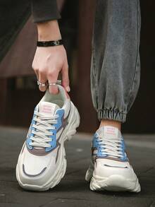 Men's Patchwork Fashion Contrast Color Mesh Front Lace-Up Athletic Shoes, Versatile Lightweight Shock-Absorbing Casual Running Shoes - Beige - View 7