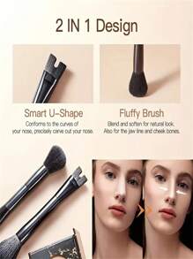Dual-Ended Contour Makeup Brush, U-Shaped Nose Contour Brush, 2-In-1 Precise Dual-Headed Contour Brush, Perfect For Contouring, Sculpting, Highlighting, Blending, Innovative Bristle Makeup Brush, Suitable For Cream, Liquid, Bronzer, Blush, Setting Powder, And Concealer